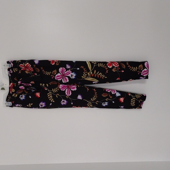 Express Pants - Express Ankle High Rise Black Floral Women's Size 00R Belt Tie Pre-owned
